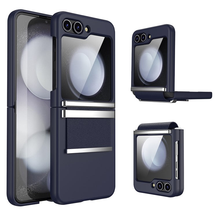 For Samsung Galaxy Z Flip5 5G PC Case Hardware Leather Hinge Phone Cover - Dark Blue+Silver