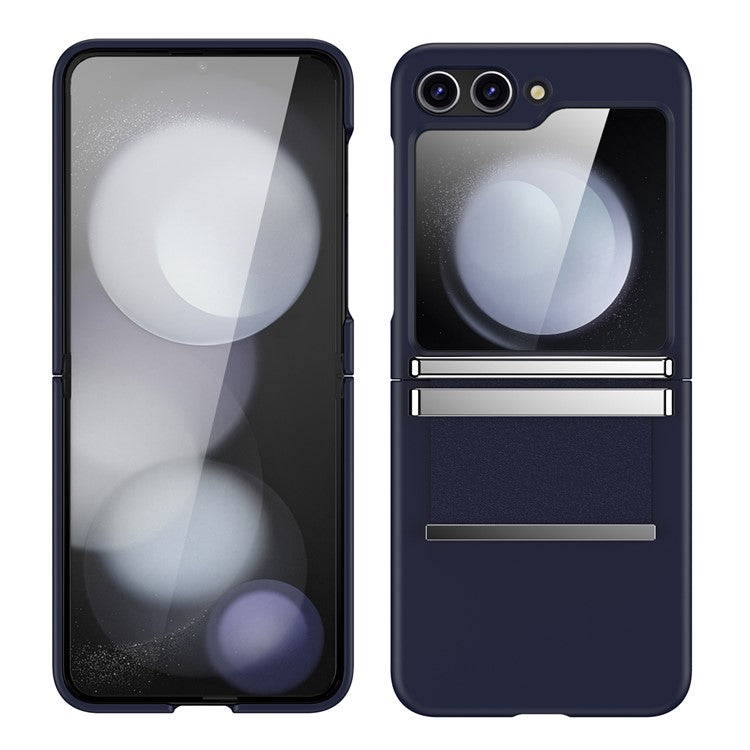 For Samsung Galaxy Z Flip5 5G PC Case Hardware Leather Hinge Phone Cover - Dark Blue+Silver