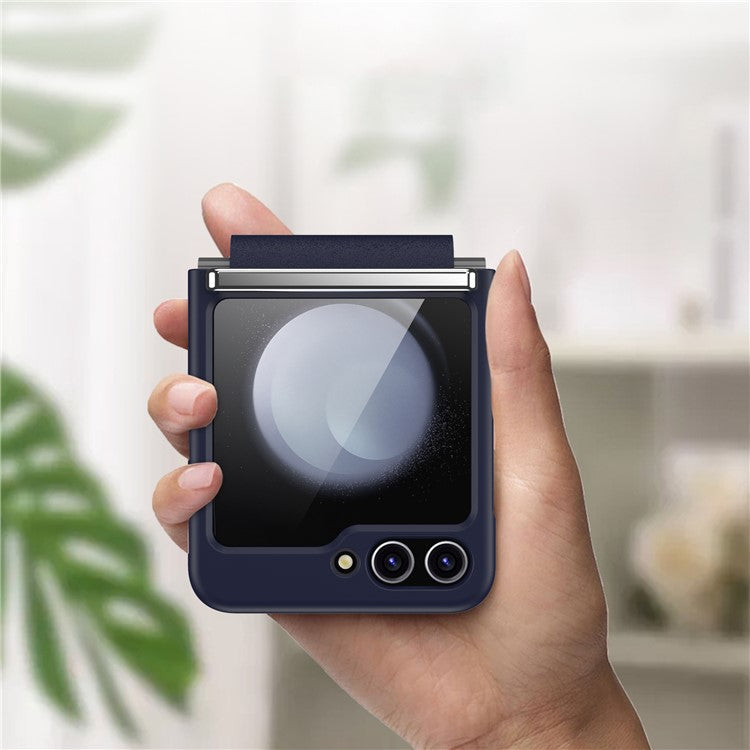 For Samsung Galaxy Z Flip5 5G PC Case Hardware Leather Hinge Phone Cover - Dark Blue+Silver
