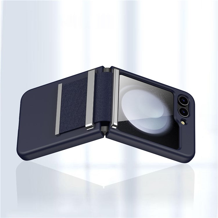 For Samsung Galaxy Z Flip5 5G PC Case Hardware Leather Hinge Phone Cover - Dark Blue+Silver