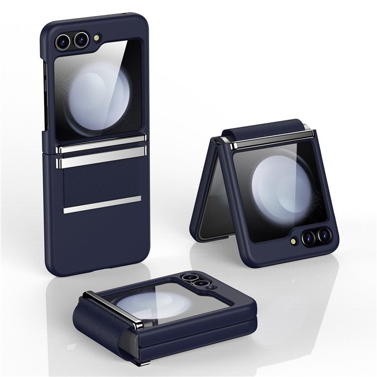 For Samsung Galaxy Z Flip5 5G PC Case Hardware Leather Hinge Phone Cover - Dark Blue+Silver