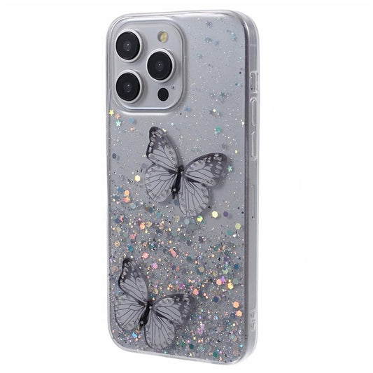 AW Series For iPhone 16 Pro Case Epoxy 3D Butterfly TPU Sparkly Glitter Star Phone Cover - White