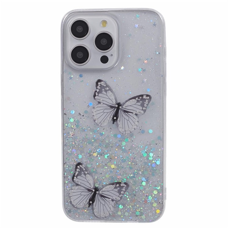 AW Series For iPhone 16 Pro Case Epoxy 3D Butterfly TPU Sparkly Glitter Star Phone Cover - White