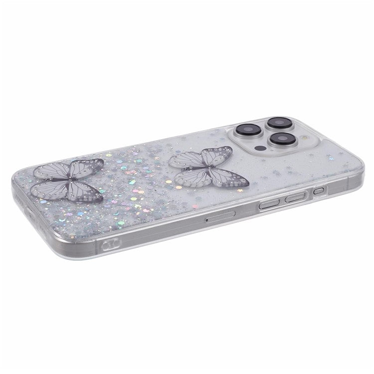 AW Series For iPhone 16 Pro Case Epoxy 3D Butterfly TPU Sparkly Glitter Star Phone Cover - White