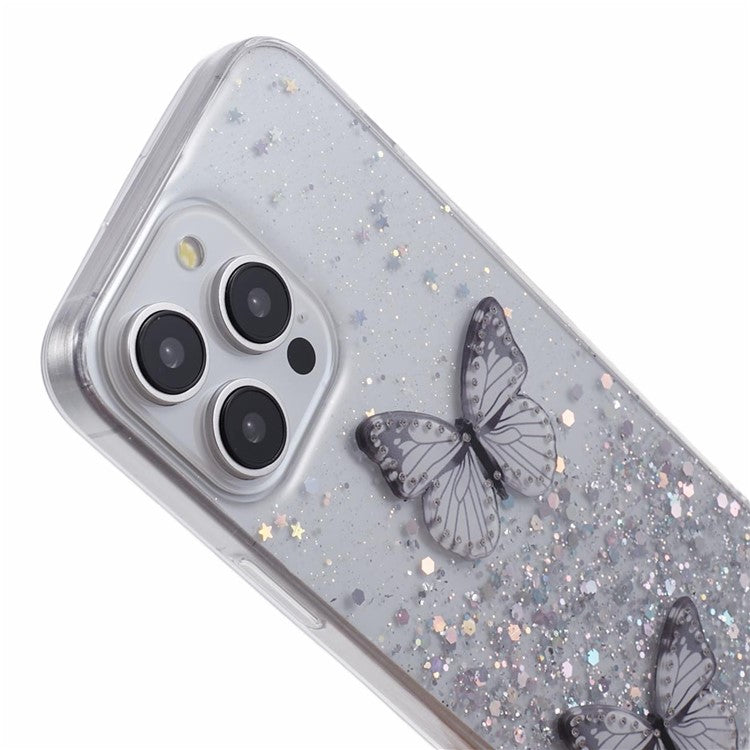 AW Series For iPhone 16 Pro Case Epoxy 3D Butterfly TPU Sparkly Glitter Star Phone Cover - White