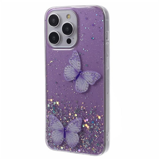AW Series For iPhone 16 Pro Case Epoxy 3D Butterfly TPU Sparkly Glitter Star Phone Cover - Purple