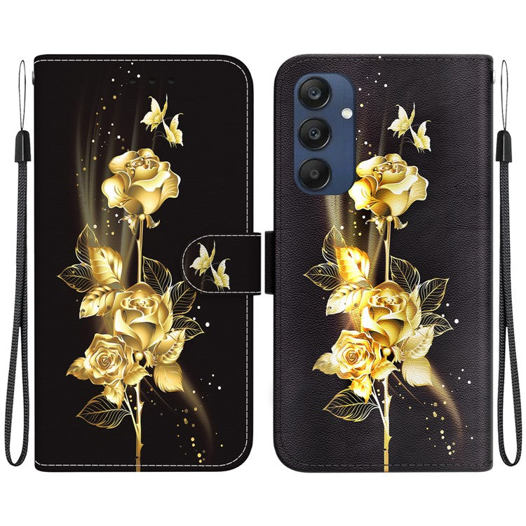 For Samsung Galaxy M35 5G Case Leather Wallet Phone Cover Pattern Printing - Gold Butterfly Rose