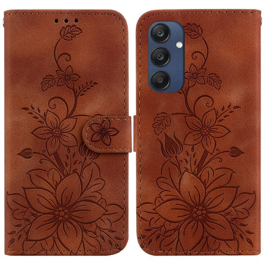 For Samsung Galaxy M35 5G Stand Case Lily Flower Imprint Leather Phone Cover - Brown