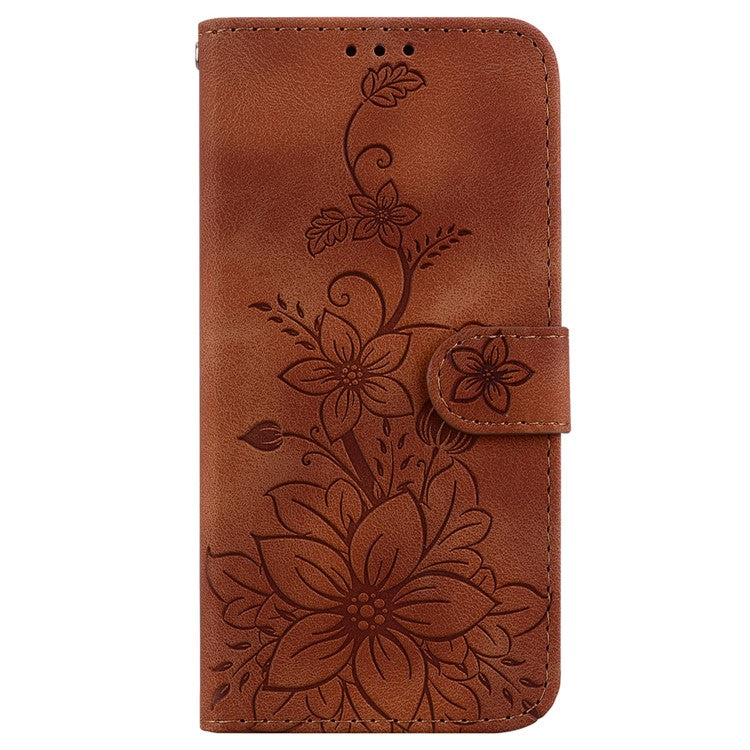 For Samsung Galaxy M35 5G Stand Case Lily Flower Imprint Leather Phone Cover - Brown