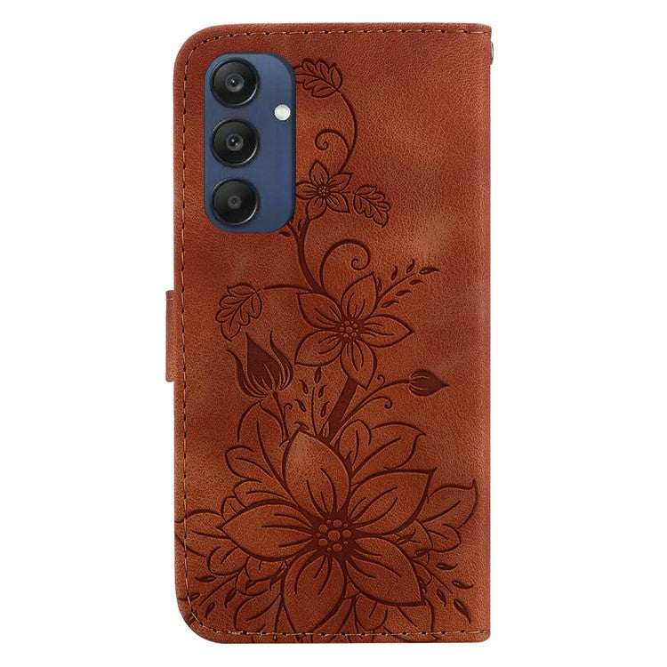 For Samsung Galaxy M35 5G Stand Case Lily Flower Imprint Leather Phone Cover - Brown