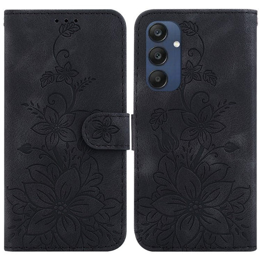 For Samsung Galaxy M35 5G Stand Case Lily Flower Imprint Leather Phone Cover - Black