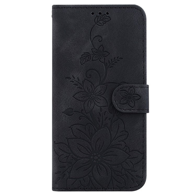 For Samsung Galaxy M35 5G Stand Case Lily Flower Imprint Leather Phone Cover - Black