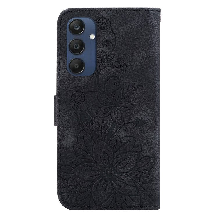 For Samsung Galaxy M35 5G Stand Case Lily Flower Imprint Leather Phone Cover - Black