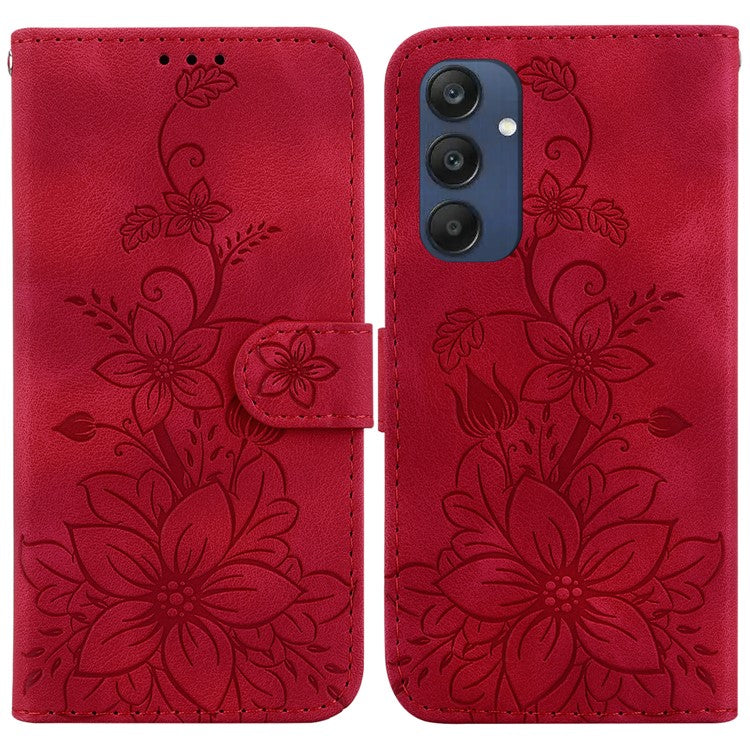 For Samsung Galaxy M35 5G Stand Case Lily Flower Imprint Leather Phone Cover - Red