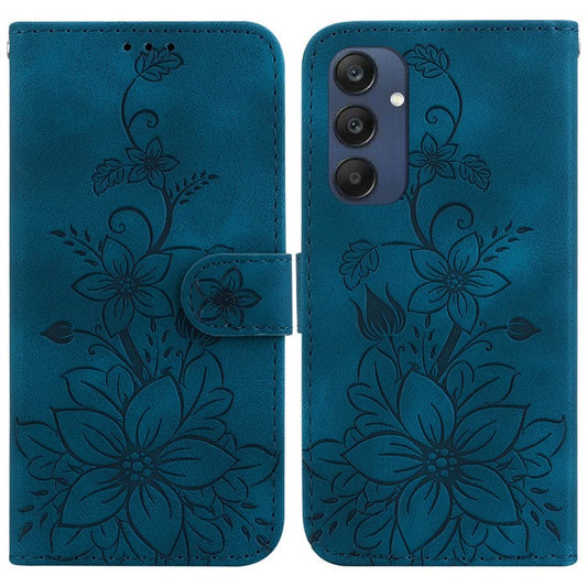 For Samsung Galaxy M35 5G Stand Case Lily Flower Imprint Leather Phone Cover - Dark Blue