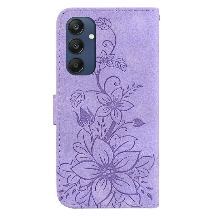 For Samsung Galaxy M35 5G Stand Case Lily Flower Imprint Leather Phone Cover - Purple