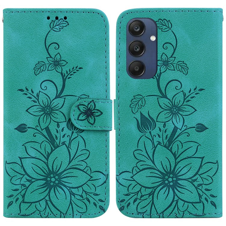 For Samsung Galaxy M35 5G Stand Case Lily Flower Imprint Leather Phone Cover - Green