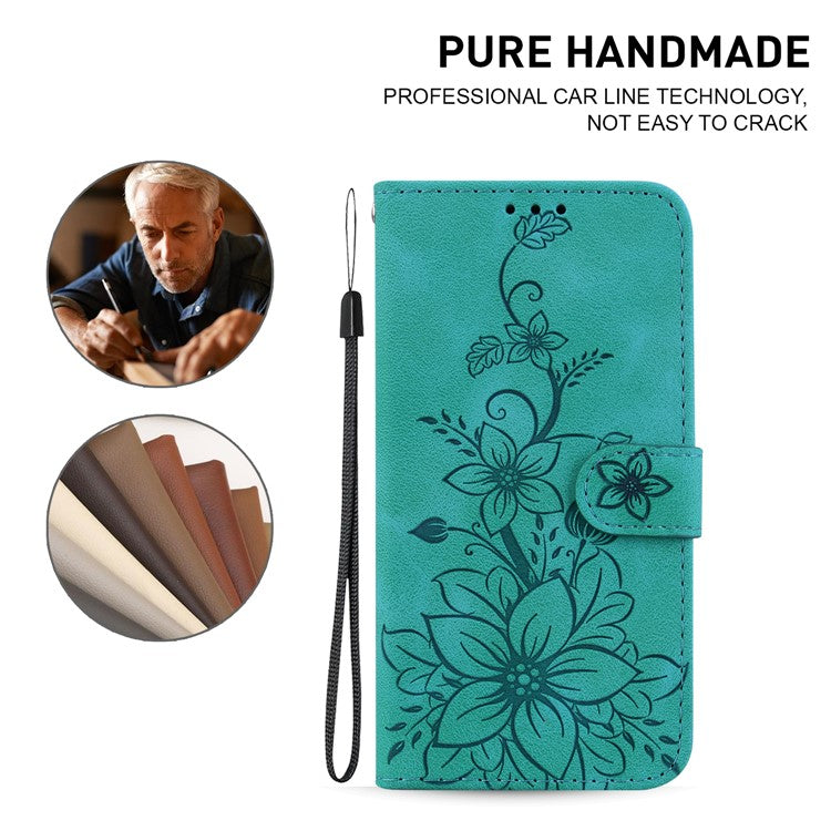 For Samsung Galaxy M35 5G Stand Case Lily Flower Imprint Leather Phone Cover - Green
