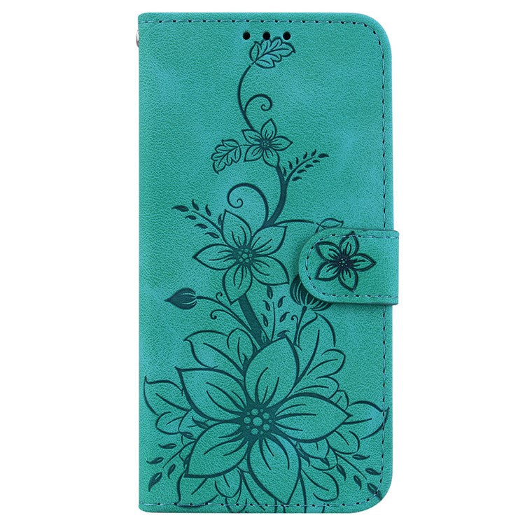 For Samsung Galaxy M35 5G Stand Case Lily Flower Imprint Leather Phone Cover - Green