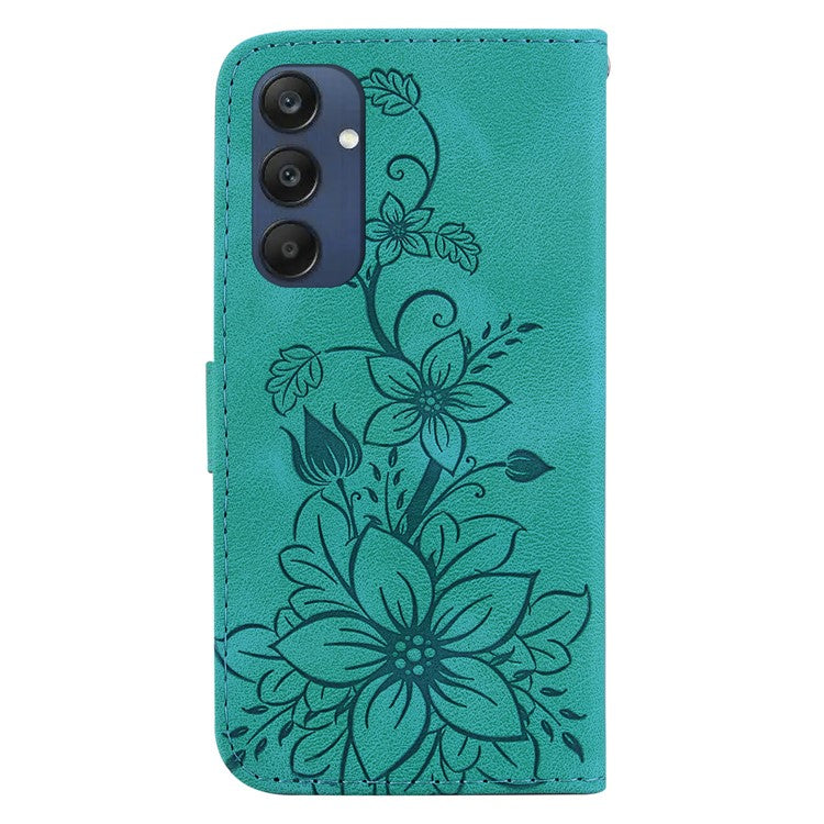 For Samsung Galaxy M35 5G Stand Case Lily Flower Imprint Leather Phone Cover - Green