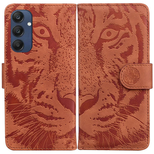 For Samsung Galaxy M35 5G Phone Case Leather Wallet Cover Tiger Imprint - Brown