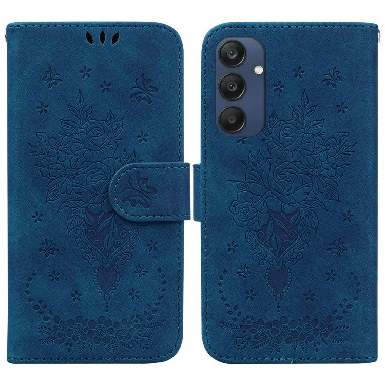 For Samsung Galaxy M35 5G Case Butterfly Flower Imprint PU Leather Wallet Phone Cover - Blue