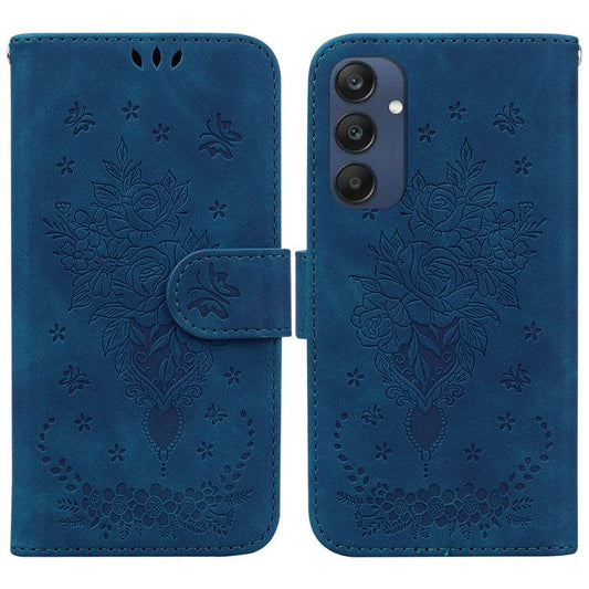 For Samsung Galaxy M35 5G Case Butterfly Flower Imprint PU Leather Wallet Phone Cover - Blue