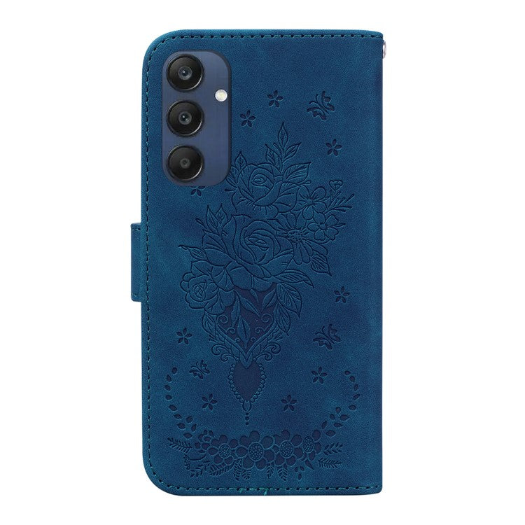 For Samsung Galaxy M35 5G Case Butterfly Flower Imprint PU Leather Wallet Phone Cover - Blue