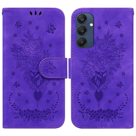 For Samsung Galaxy M35 5G Case Butterfly Flower Imprint PU Leather Wallet Phone Cover - Purple