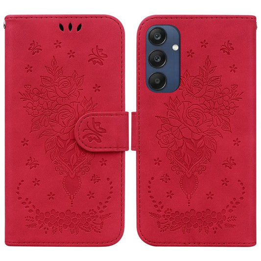 For Samsung Galaxy M35 5G Case Butterfly Flower Imprint PU Leather Wallet Phone Cover - Red