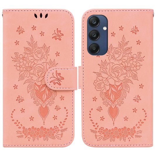 For Samsung Galaxy M35 5G Case Butterfly Flower Imprint PU Leather Wallet Phone Cover - Pink