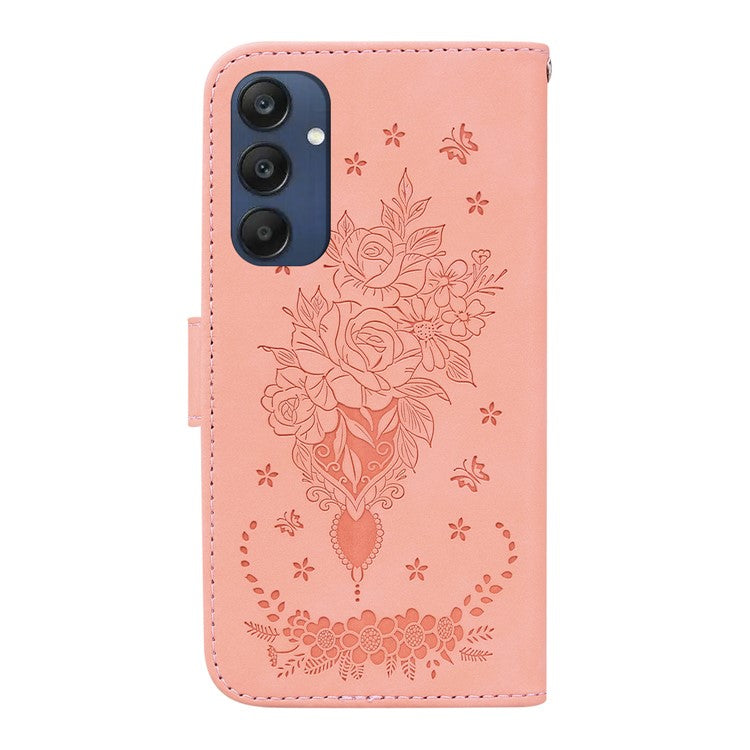 For Samsung Galaxy M35 5G Case Butterfly Flower Imprint PU Leather Wallet Phone Cover - Pink