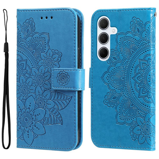 For Samsung Galaxy M35 5G Case Floral Pattern PU Leather Wallet Stand Phone Cover - Blue