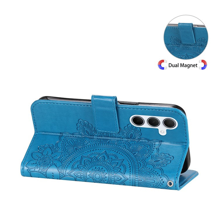 For Samsung Galaxy M35 5G Case Floral Pattern PU Leather Wallet Stand Phone Cover - Blue