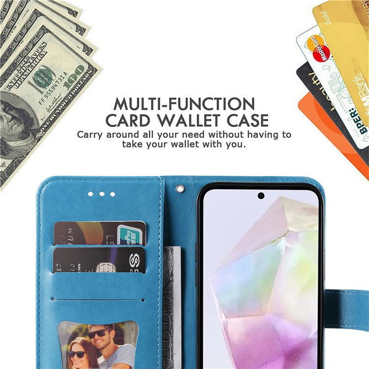 For Samsung Galaxy M35 5G Case Floral Pattern PU Leather Wallet Stand Phone Cover - Blue