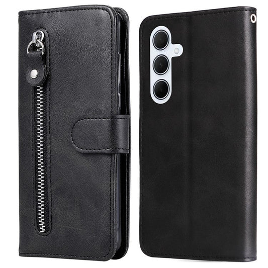 For Samsung Galaxy M35 5G Case Zipper Wallet PU Leather Stand Phone Cover - Black