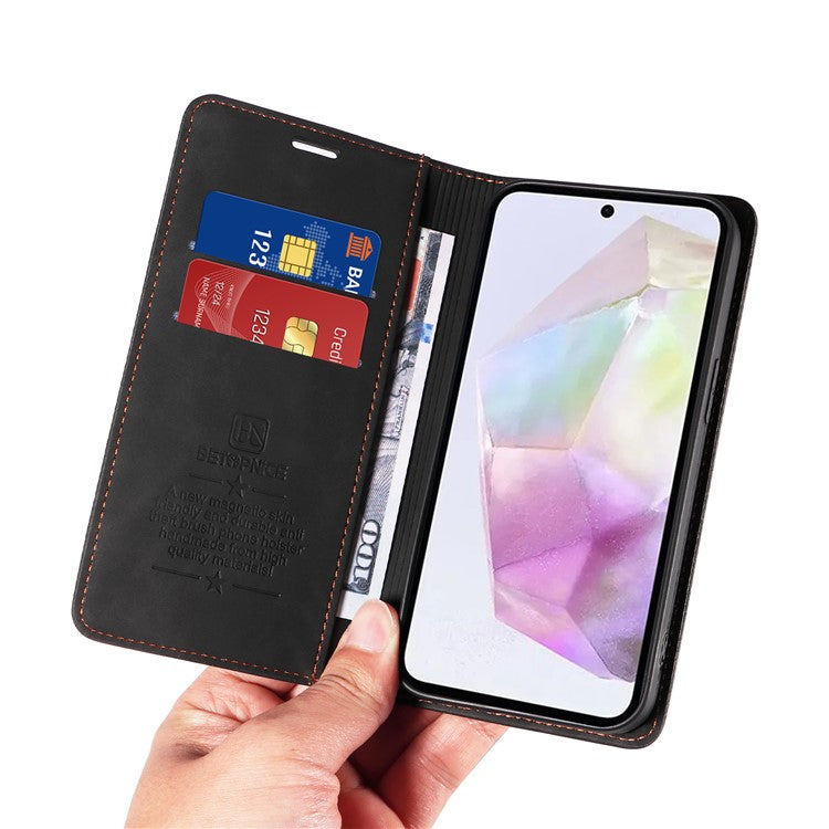 BETOPNICE 003 For Samsung Galaxy M35 5G Leather Case RFID Blocking Wallet Phone Cover - Black
