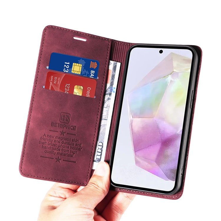 BETOPNICE 003 For Samsung Galaxy M35 5G Leather Case RFID Blocking Wallet Phone Cover - Red