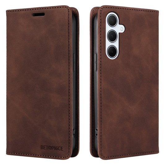 BETOPNICE 003 For Samsung Galaxy M35 5G Leather Case RFID Blocking Wallet Phone Cover - Brown