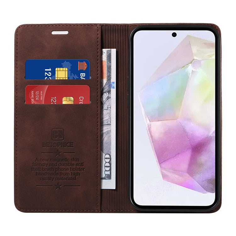 BETOPNICE 003 For Samsung Galaxy M35 5G Leather Case RFID Blocking Wallet Phone Cover - Brown