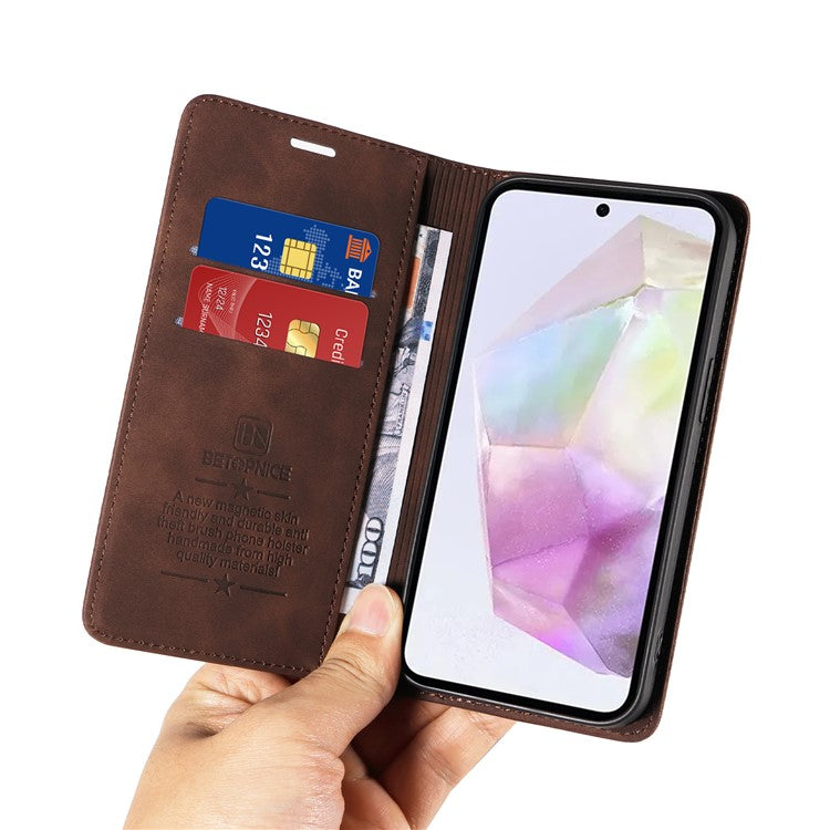 BETOPNICE 003 For Samsung Galaxy M35 5G Leather Case RFID Blocking Wallet Phone Cover - Brown