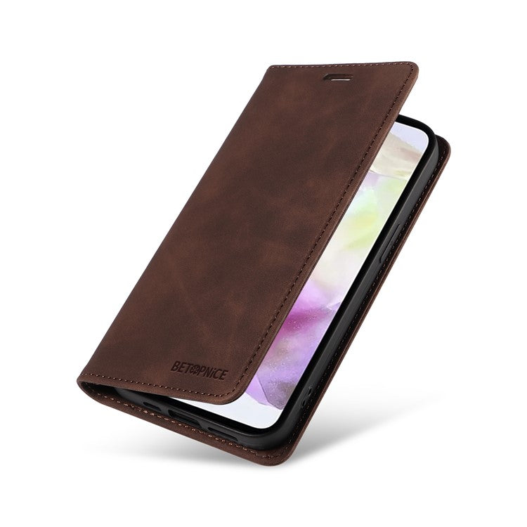 BETOPNICE 003 For Samsung Galaxy M35 5G Leather Case RFID Blocking Wallet Phone Cover - Brown