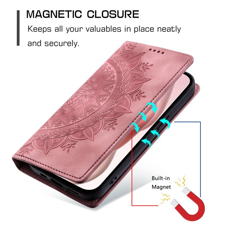 Style-010 For iPhone 16 Plus Case Imprinted Leather Phone Cover Magnetic Auto Closing - Rose Gold