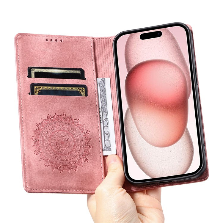 Style-010 For iPhone 16 Plus Case Imprinted Leather Phone Cover Magnetic Auto Closing - Rose Gold