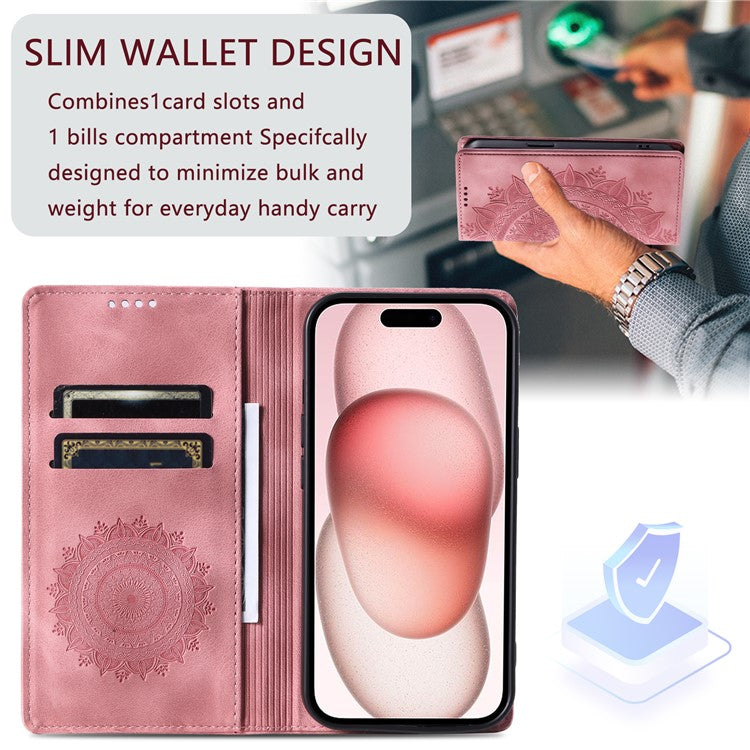 Style-010 For iPhone 16 Plus Case Imprinted Leather Phone Cover Magnetic Auto Closing - Rose Gold