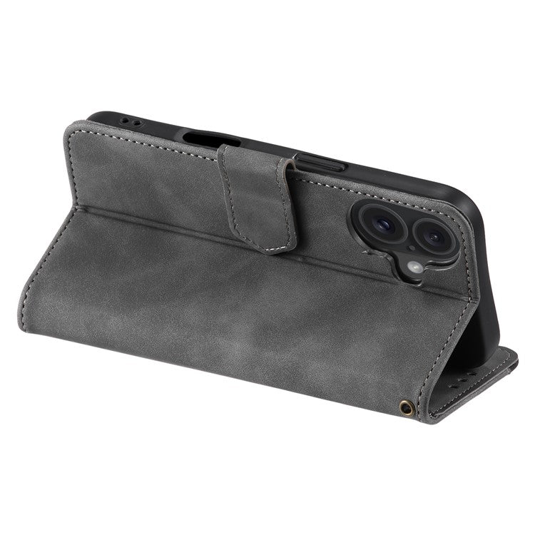 For iPhone 16 Protective Case Splicing Stitching Leather Flip Phone Cover - Grey