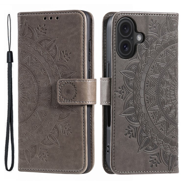 For iPhone 16 Plus Wallet Case Imprinted Totem PU Leather Stand Phone Cover - Grey