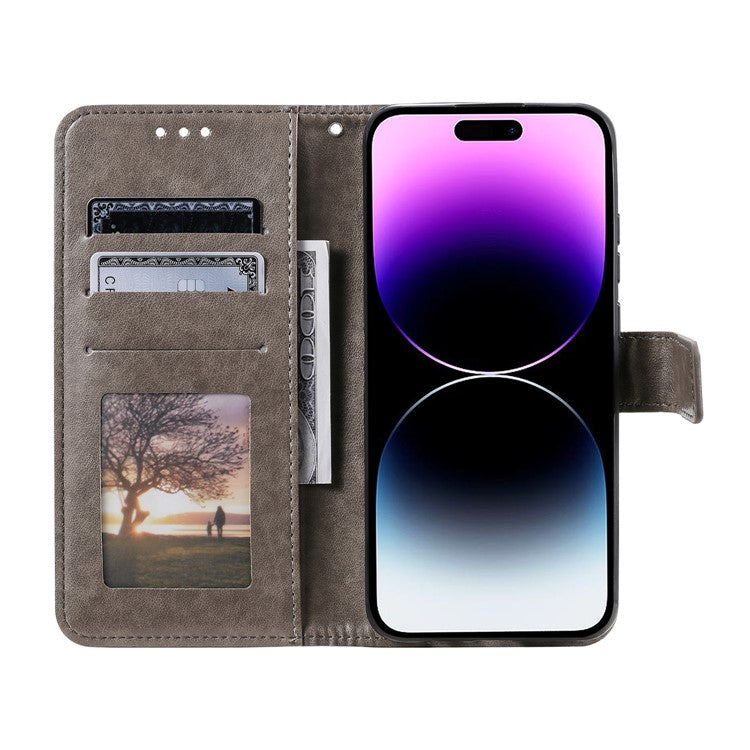 For iPhone 16 Plus Wallet Case Imprinted Totem PU Leather Stand Phone Cover - Grey