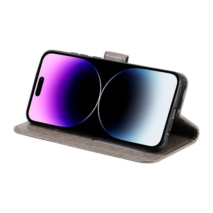 For iPhone 16 Plus Wallet Case Imprinted Totem PU Leather Stand Phone Cover - Grey