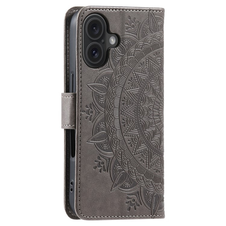 For iPhone 16 Plus Wallet Case Imprinted Totem PU Leather Stand Phone Cover - Grey